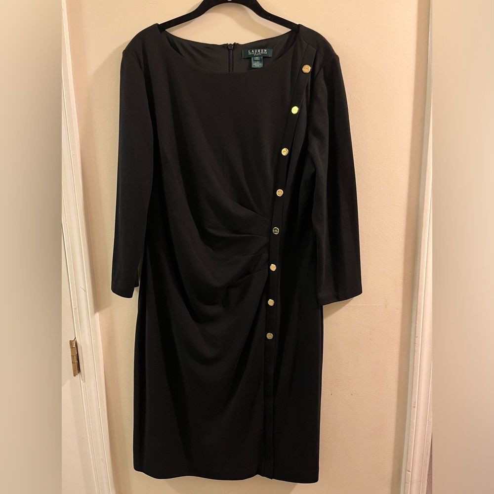 EUC Lauren Ralph Lauren Womens Long Sleeve Black Dress Gold Button Detail Sz 14